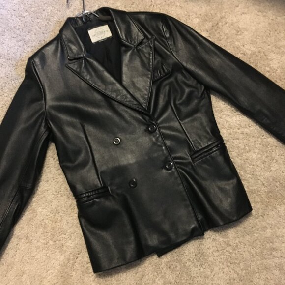 Vintage Canadian Black Genuine Leather Double Breasted Jacket - Picture 9 of 16